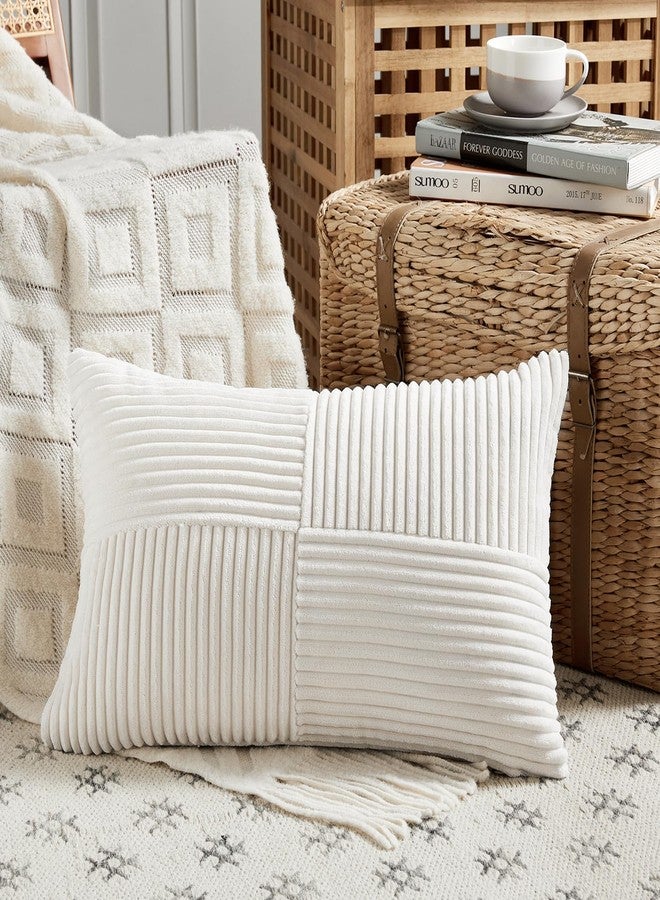 Fancy Homi 2 Packs Cream White Lumbar Decorative Throw Pillow Covers 14x24 Inch for Couch Bed Sofa, Rustic Farmhouse Boho Home Decor, Soft Striped Corduroy Rectangle Accent Cushion Case 35x60 cm - Image 2